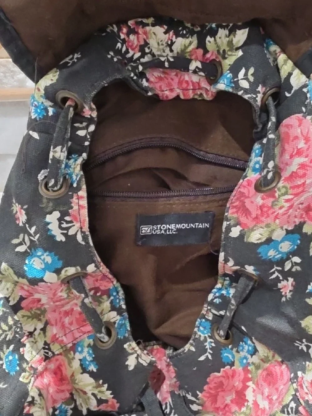 Stone Mountain Accessories Black Floral Canvas Backpack with Pink & Blue Blooms